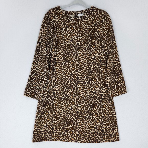 J Crew Dress Womens 10 Tan Brown Leopard Print Long Sleeve Shift Knee Length - Picture 1 of 11